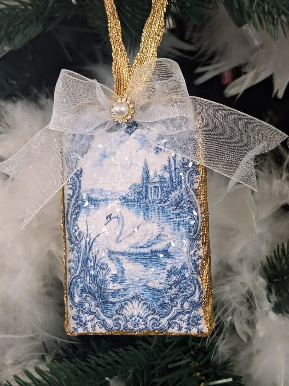 Blue White Toile Swan Christmas Ornament Shabby French Glass Glitter Decoupage